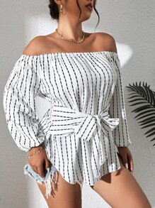 Celure 大碼條紋圖案一字肩前打結燈籠袖襯衫 - 白色 - 查看 5