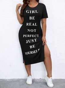 SHEIN LUNE 大碼標語圖案高衩T恤洋裝 - 黑色 - 查看 1