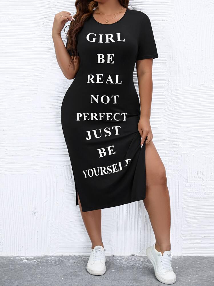 SHEIN LUNE 大碼標語圖案高衩T恤洋裝 - 黑色 - 查看 1