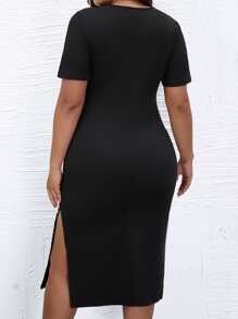 SHEIN LUNE 大碼標語圖案高衩T恤洋裝 - 黑色 - 查看 2