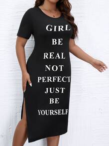 SHEIN LUNE 大碼標語圖案高衩T恤洋裝 - 黑色 - 查看 5