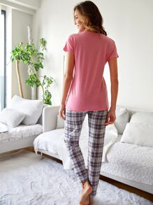 RueChic Letter Printed Short Sleeve Top And Plaid Pants Sleepwear Set With Eye Mask - Multicolor - View 2