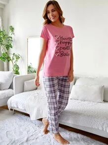 RueChic Letter Printed Short Sleeve Top And Plaid Pants Sleepwear Set With Eye Mask - Multicolor - View 3