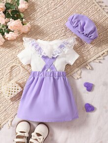 Baby Contrast Lace Tee & Button Detail Overall Skirt & Accessory Hat - Multicolor - View 2