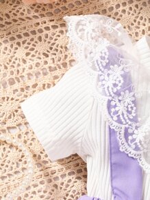 Baby Contrast Lace Tee & Button Detail Overall Skirt & Accessory Hat - Multicolor - View 5