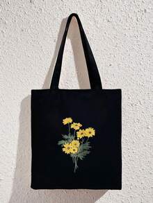 Girls Flower Graphic Shopper Bag Large Capacity For Shopping - Black - View 1