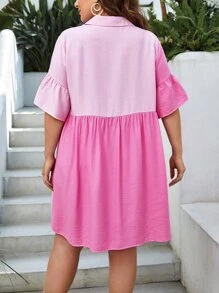 Dreamara Plus Two Tone Flounce Sleeve Ruffle Hem Shirt Dress - Pink - View 2