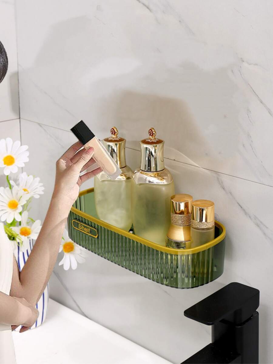 1pc PE Bathroom Storage Rack, Punch-free Wall Mounted Shelving Storage Unit For Bathroom Laundry - Dark Green - View 1