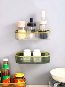 1pc PE Bathroom Storage Rack, Punch-free Wall Mounted Shelving Storage Unit For Bathroom Laundry - Dark Green - View 7