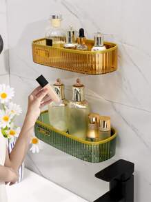 1pc PE Bathroom Storage Rack, Punch-free Wall Mounted Shelving Storage Unit For Bathroom Laundry - Dark Green - View 9