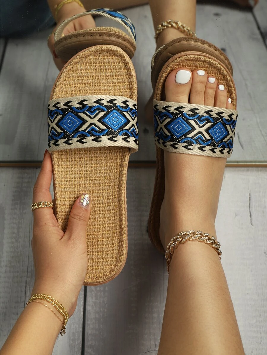 女士撞色織物度假家居拖鞋 - 寶藍色 - 查看 1