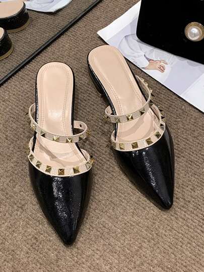 Women's Flat Closed-Toe Mule Shoes With Studs, Chunky Low Heel, Pointed Toe, Rhinestone Decor, PU Leather Soft Skin, New Style For Outdoor Wear, Matches Skirts