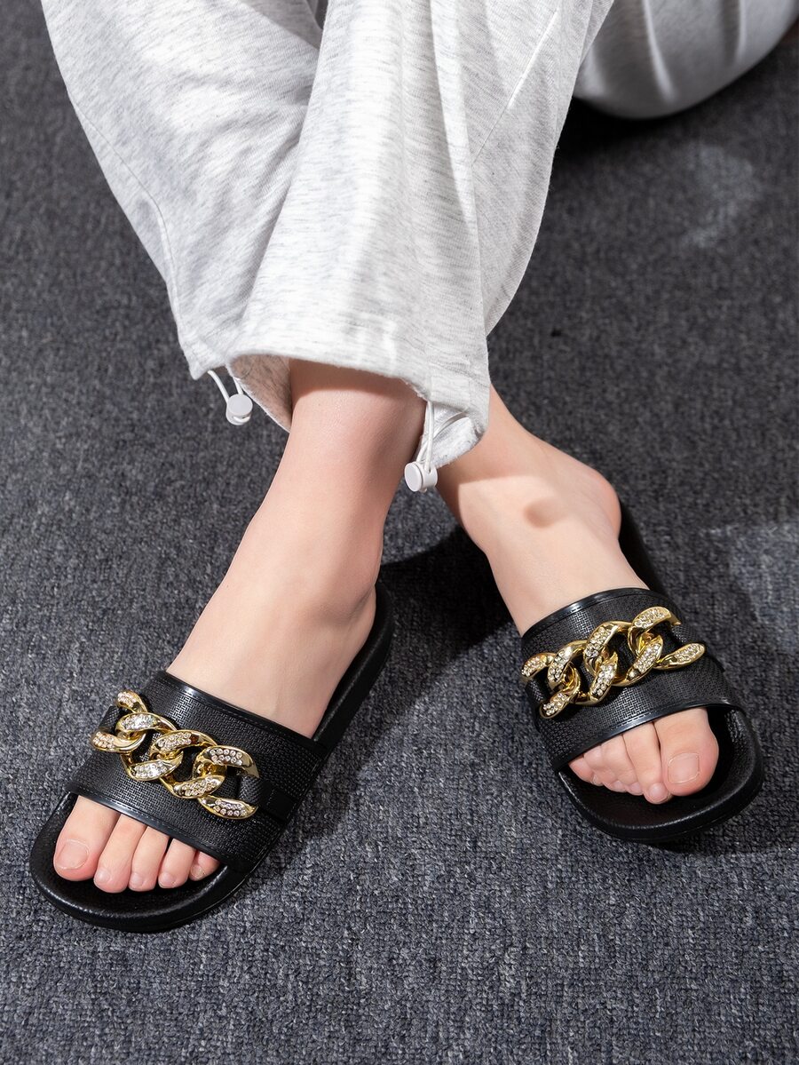 Women Chain Decor Slides, PVC Punk Slides Black | SHEIN USA