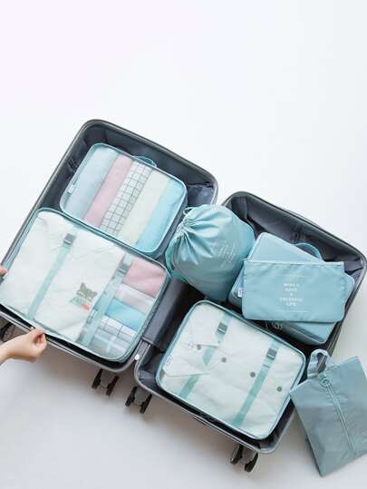 7pcs Letter Graphic Storage Bag Multi-Functional For Travel Blue