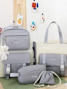 4pcs Letter Graphic Classic Backpack Set Tote Bag Square Bag Pencil Case With Bag Charm For School With Pen Case School Bag Set For Graduate, Teen Girls, Freshman, Sophomore, Junior & Senior In College, University & High School, Perfect For Outdoors ,Travel & Back To School - Grey - View 1