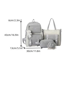 4pcs Letter Graphic Classic Backpack Set Tote Bag Square Bag Pencil Case With Bag Charm For School With Pen Case School Bag Set For Graduate, Teen Girls, Freshman, Sophomore, Junior & Senior In College, University & High School, Perfect For Outdoors ,Travel & Back To School - Grey - View 3