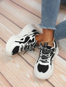 Women Color Block Chunky Sneakers, Fabric Lace-up Front Sneakers - Black and White - View 2
