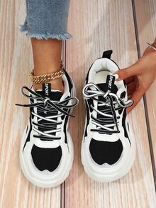 Women Color Block Chunky Sneakers, Fabric Lace-up Front Sneakers - Black and White - View 4