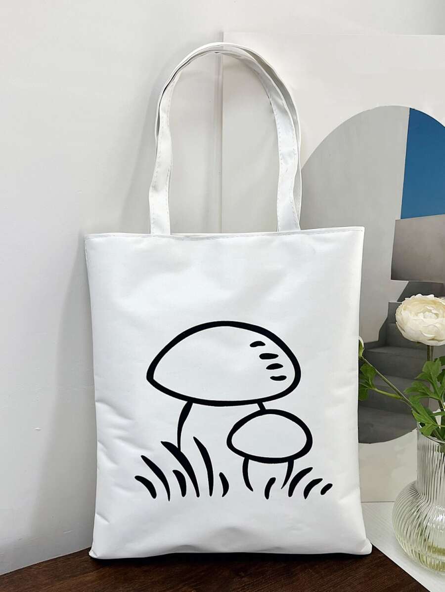 Girls Mushroom Graphic Shopper Bag Large Capacity For Shopping - White - View 1