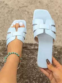 女士挖空細節人造皮革時尚平底涼鞋 - 藍色 - 查看 1