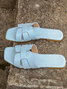 女士挖空細節人造皮革時尚平底涼鞋 - 藍色 - 查看 3