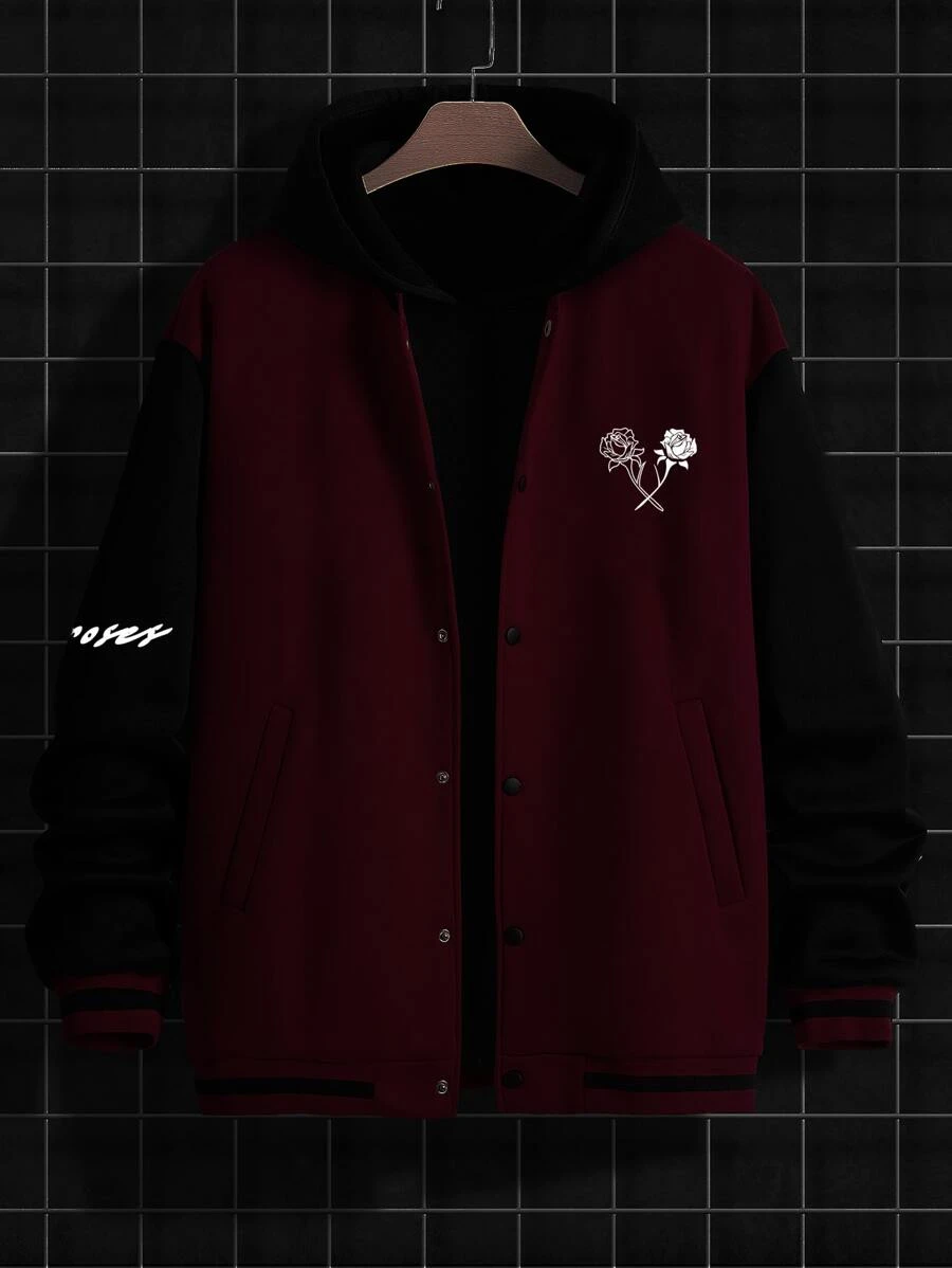 Manfinity Hypemode 寬鬆男士字母印花運動夾克,帶有條紋細節和落肩設計,無帽款式 - 酒紅色 - 查看 1