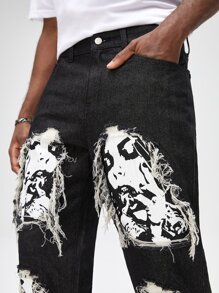 ROMWE MEN ROMWE Avant 男士棉質人物印花破洞直筒寬鬆牛仔褲 - 黑色 - 查看 4