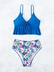 Conjunto de bikini con volantes en el bajo estampado tropical para playa de verano - Azul - Ver 3