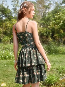 Sweetness 碎花繫帶吊帶連衣裙 - 軍綠色 - 查看 3