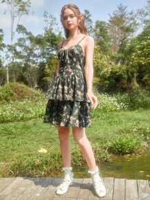 Sweetness 碎花繫帶吊帶連衣裙 - 軍綠色 - 查看 4