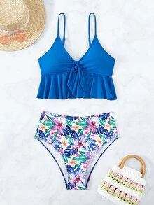 Conjunto de bikini con volantes en el bajo estampado tropical para playa de verano - Azul - Ver 5
