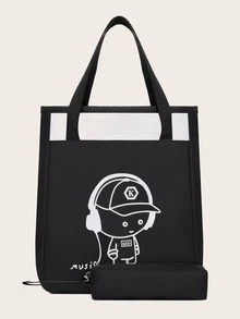 Niños Bolsa de compras con estampado de dibujos animados de gran capacidad para - Negro - Ver 1