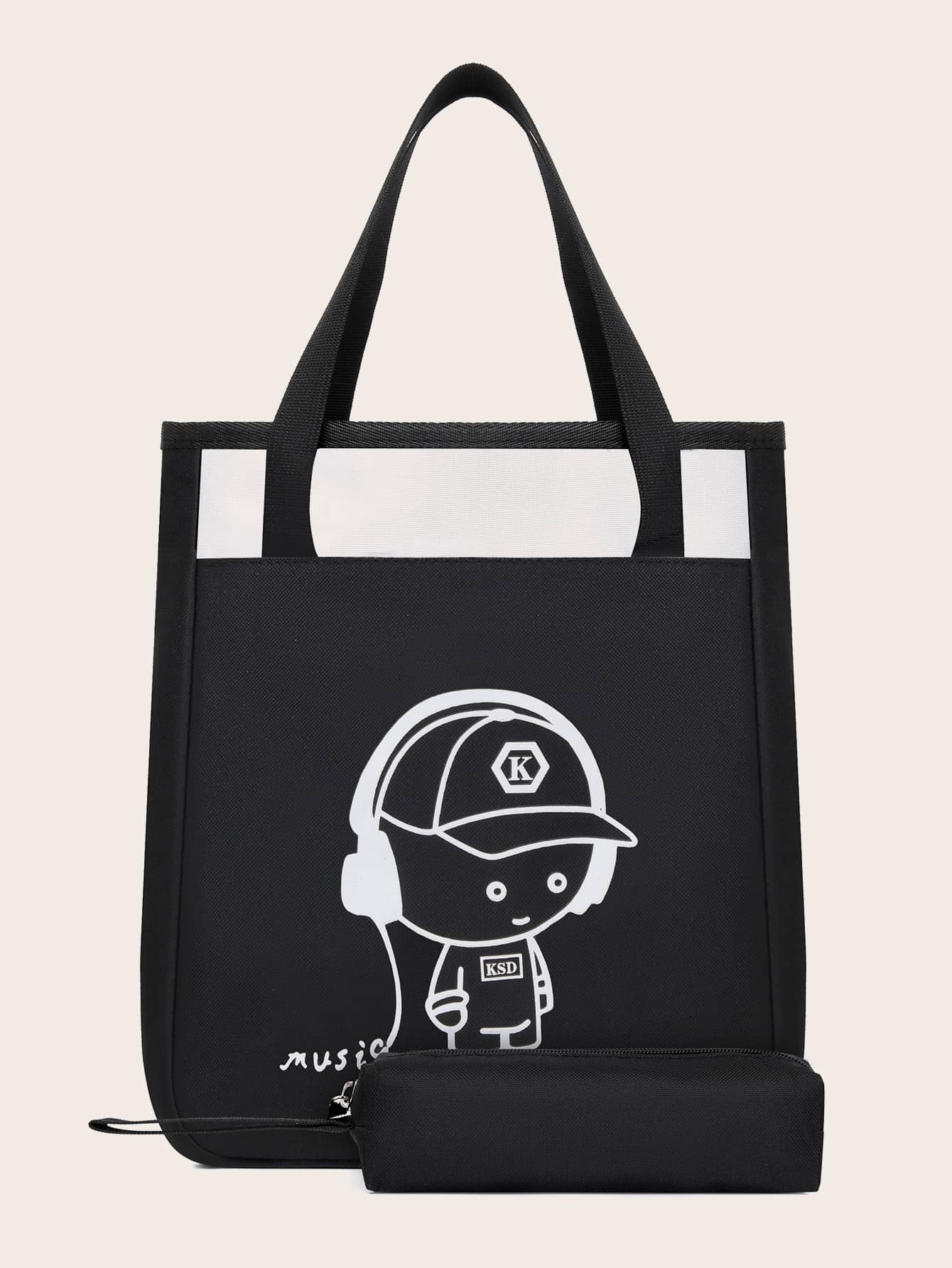 Niños Bolsa de compras con estampado de dibujos animados de gran capacidad para - Negro - Ver 1