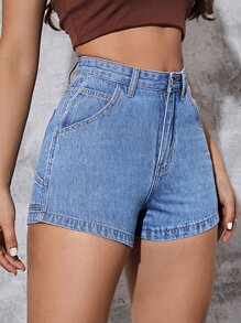 SHEIN EZwear High Waist Denim Shorts - Medium Wash - View 4