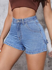 SHEIN EZwear High Waist Denim Shorts - Medium Wash - View 1