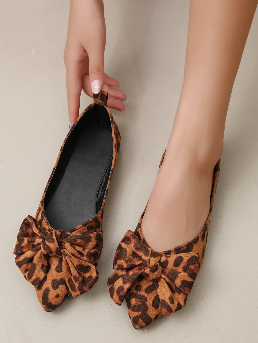 Women Bow Decor Leopard Pattern Ballets, Faux Suede Elegant Flats - Brown - View 1