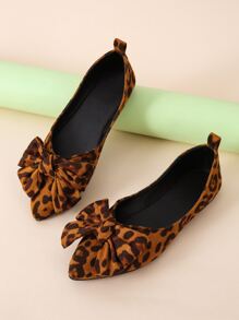 Women Bow Decor Leopard Pattern Ballets, Faux Suede Elegant Flats - Brown - View 5
