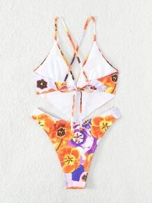花卉印花交叉后背比基尼套装 夏日海滩 - 彩色 - 查看 3