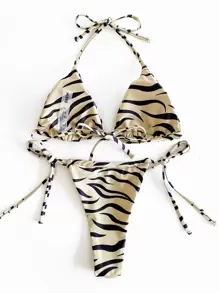 SHEIN Swim Conjunto de bikini de triángulo halter con impresión de veraniega en toda la prenda y con lazos en los laterales - Caqui - Ver 2