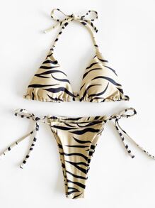 SHEIN Swim Conjunto de bikini de triángulo halter con impresión de veraniega en toda la prenda y con lazos en los laterales - Caqui - Ver 1