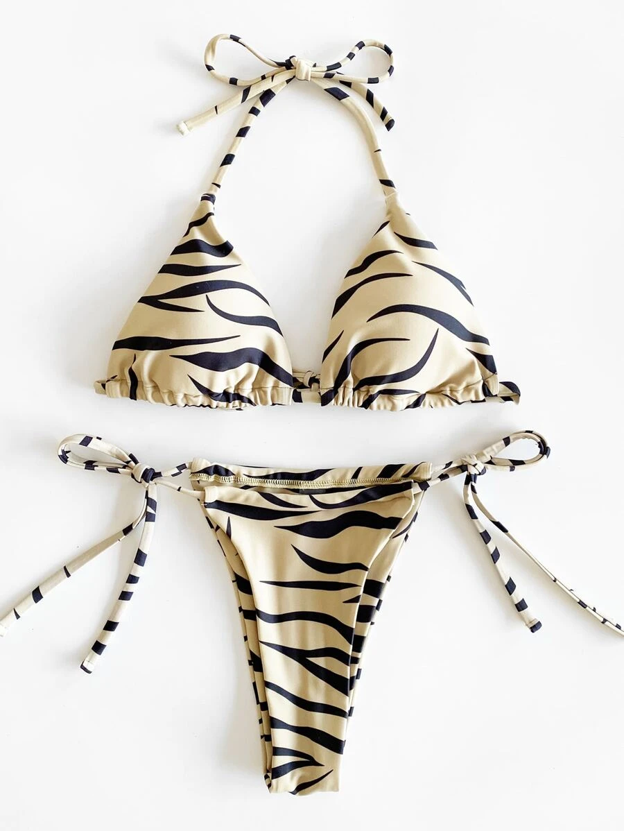 SHEIN Swim Conjunto de bikini de triángulo halter con impresión de veraniega en toda la prenda y con lazos en los laterales - Caqui - Ver 1