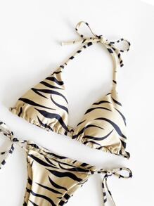 SHEIN Swim Conjunto de bikini de triángulo halter con impresión de veraniega en toda la prenda y con lazos en los laterales - Caqui - Ver 4