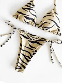 SHEIN Swim Conjunto de bikini de triángulo halter con impresión de veraniega en toda la prenda y con lazos en los laterales - Caqui - Ver 5