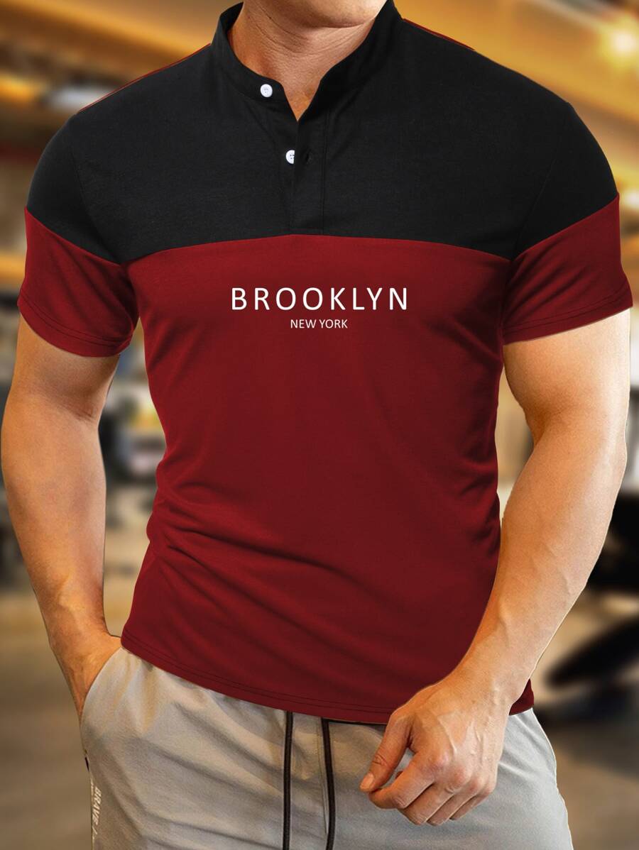 Manfinity Homme 男士雙色字母圖案POLO衫 - 酒紅色 - 查看 1