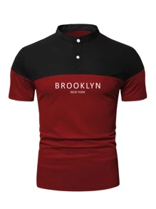 Manfinity Homme 男士雙色字母圖案POLO衫 - 酒紅色 - 查看 4