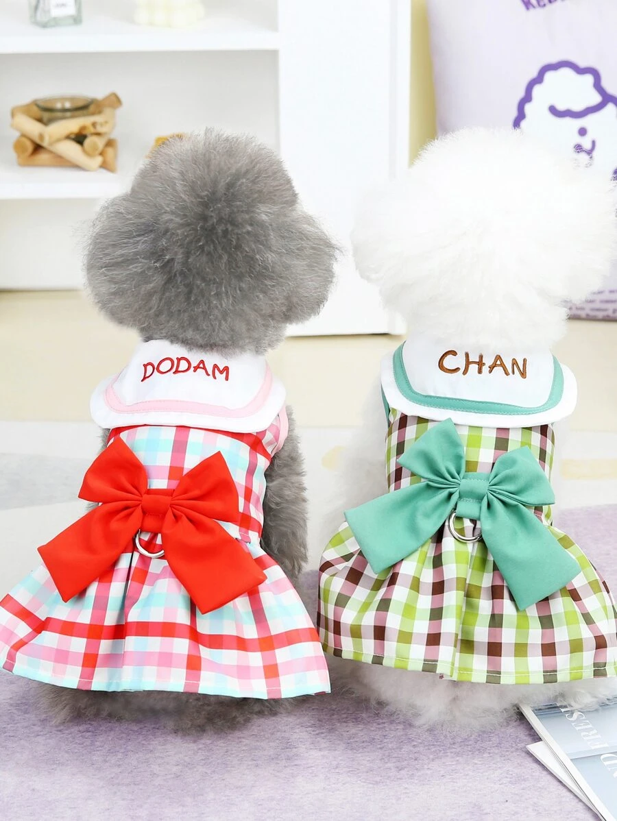 1入組格紋印花寵物連衣裙 - 紅色 - 查看 1