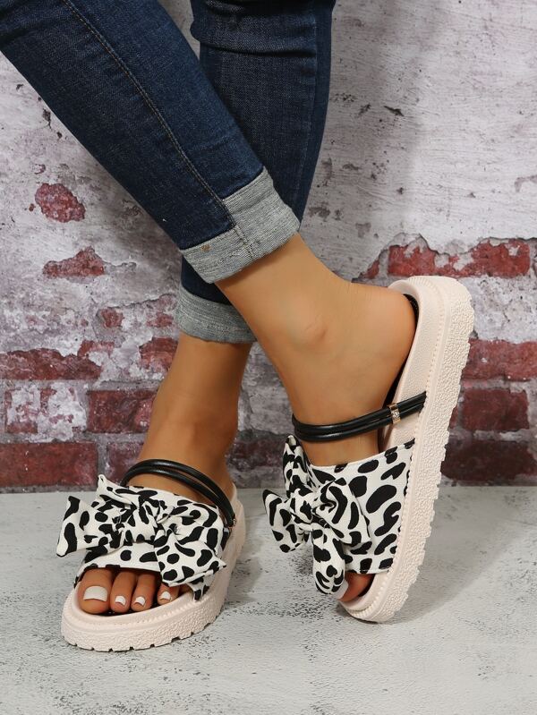 Women Bow Decor Leopard Pattern Wedge Slide Sandals, Polyester Elegant Sandals