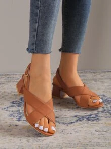 女士交叉帶粗跟優雅涼鞋 - 棕色 - 查看 4