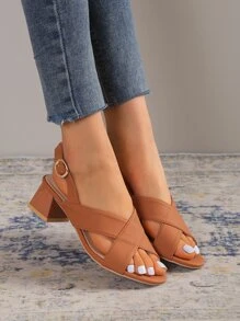 女士交叉帶粗跟優雅涼鞋 - 棕色 - 查看 5