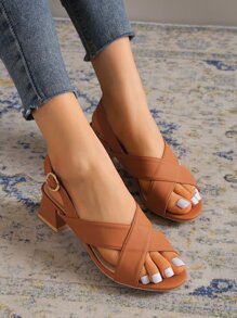 女士交叉帶粗跟優雅涼鞋 - 棕色 - 查看 7